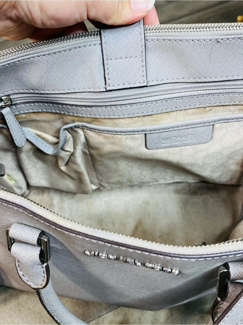 Michael Kors Sutton Medium Saffiano Leather Satchel Bag Gray Silver Hardware